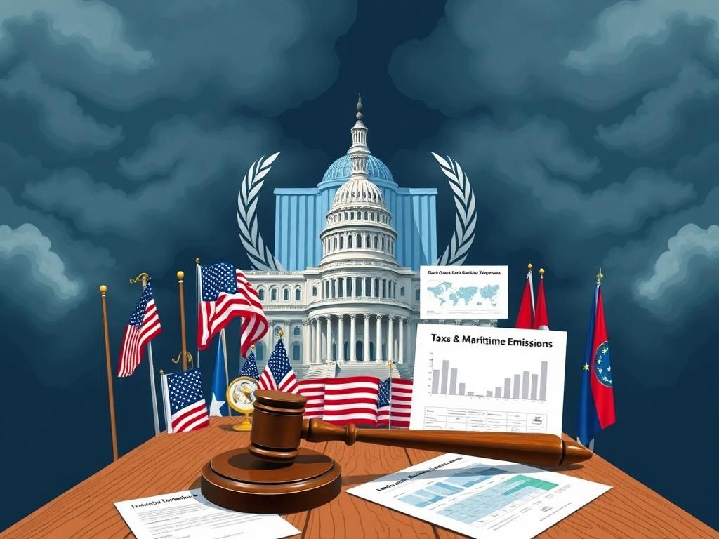 Flick International Conceptual illustration of the United Nations building overshadowing American symbols like the Capitol and flag
