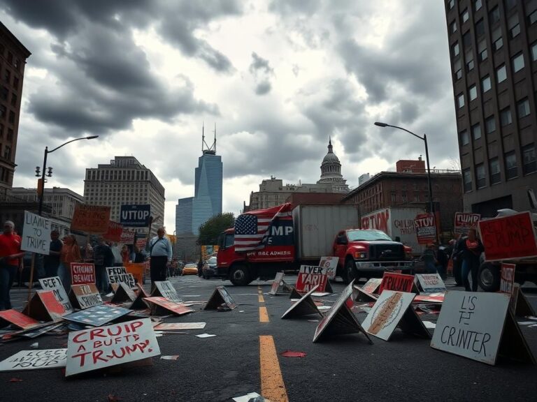 Flick International Dramatic urban scene capturing an empty protest street with colorful anti-Trump signs