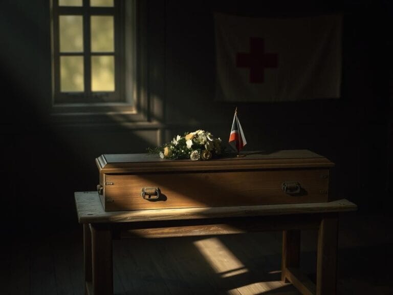 Flick International A decorated wooden coffin adorned with flowers and a flag in a dimly lit room