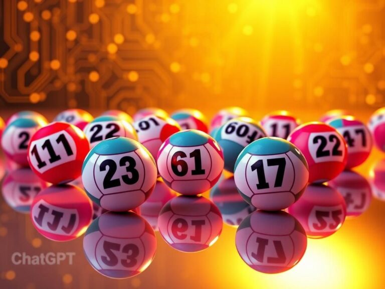 Flick International Colorful Powerball lottery balls with numbers 11, 23, 44, 61, 62, and 17 arranged on a glossy surface, representing a jackpot win.