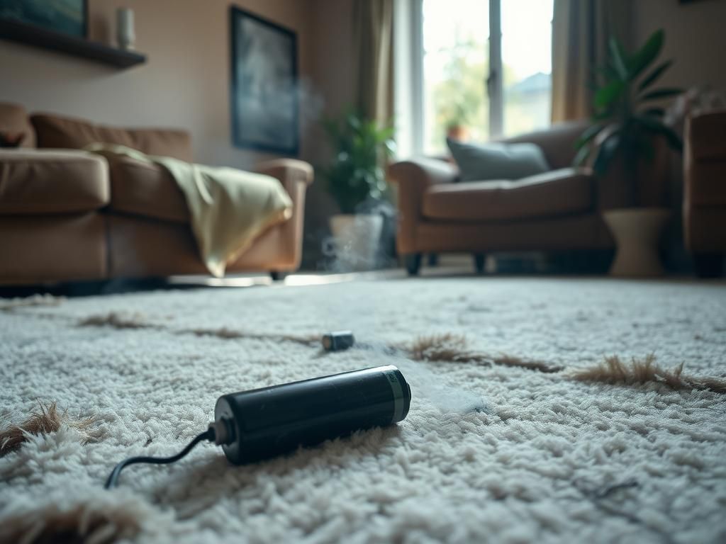 Flick International Cozy living room with a chewed lithium-ion battery and smoke visible in the air