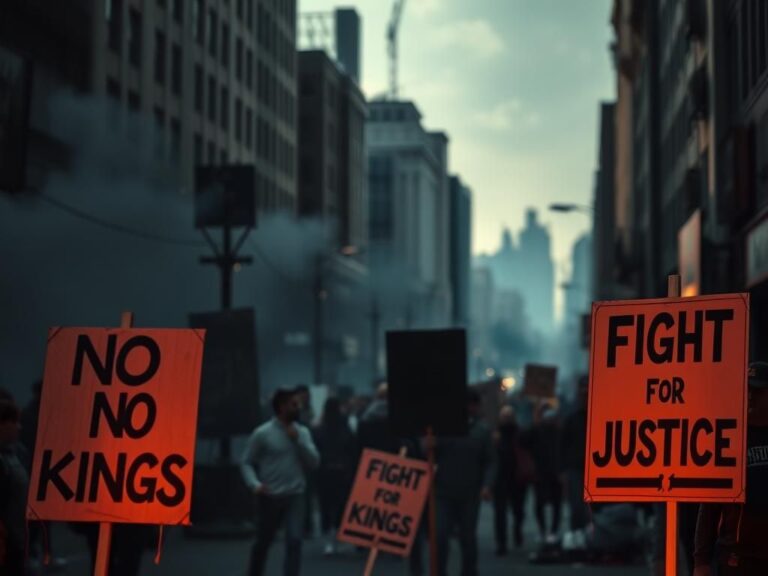 Flick International Dramatic urban protest scene with scattered signs and smoke