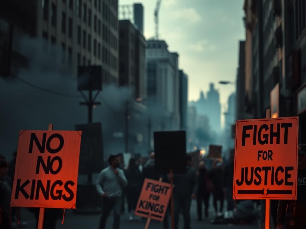 Flick International Dramatic urban protest scene with scattered signs and smoke