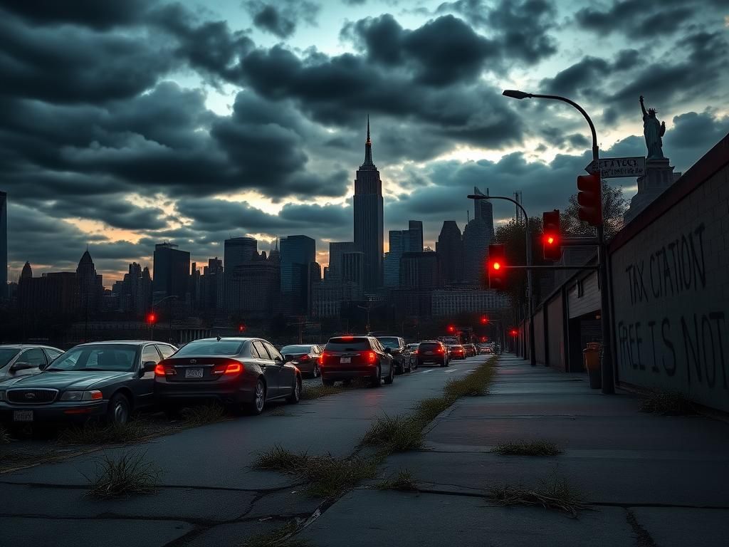 Flick International Dusk skyline of New York City with iconic landmarks and an empty street symbolizing decay