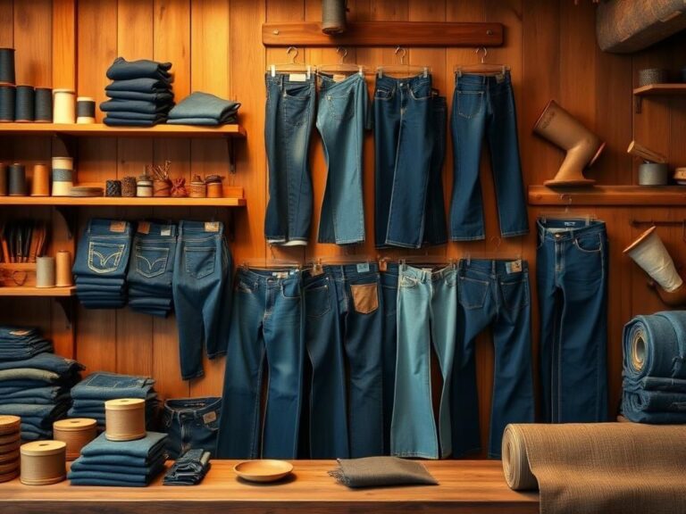 Flick International A rustic workshop scene featuring various American-made denim jeans displayed on shelves.