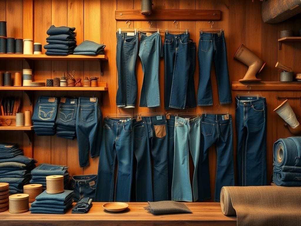 Flick International A rustic workshop scene featuring various American-made denim jeans displayed on shelves.