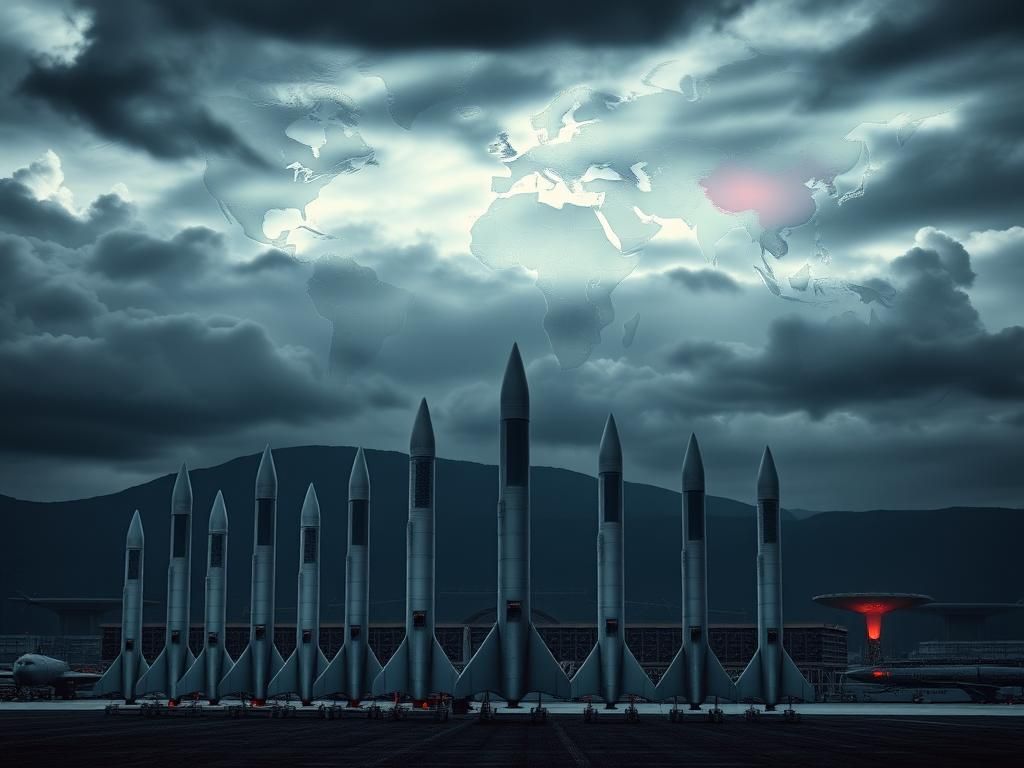 Flick International A dramatic military base featuring sleek, modern intercontinental ballistic missiles ready for deployment under a brooding sky.