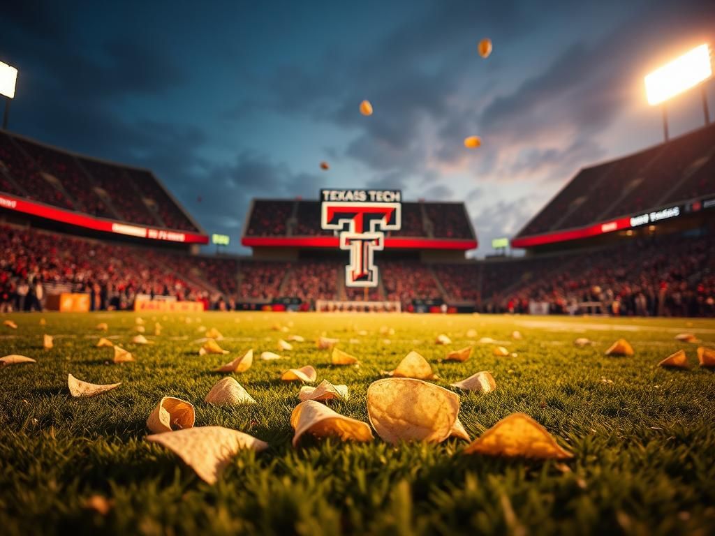 Flick International Texas Tech football stadium scene at dusk with tortillas scattered on the field