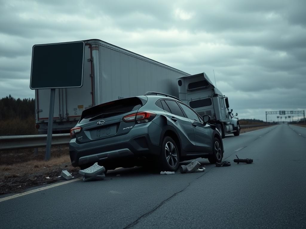 Flick International A crumpled Subaru Crosstrek on the roadside after a fatal semi-truck crash
