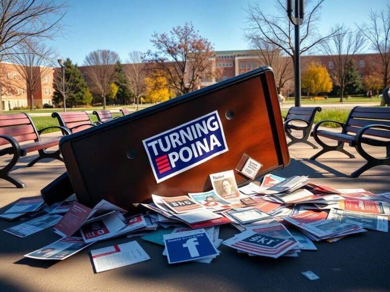 Flick International Overturned table with Turning Point USA logo and scattered flyers on a university campus