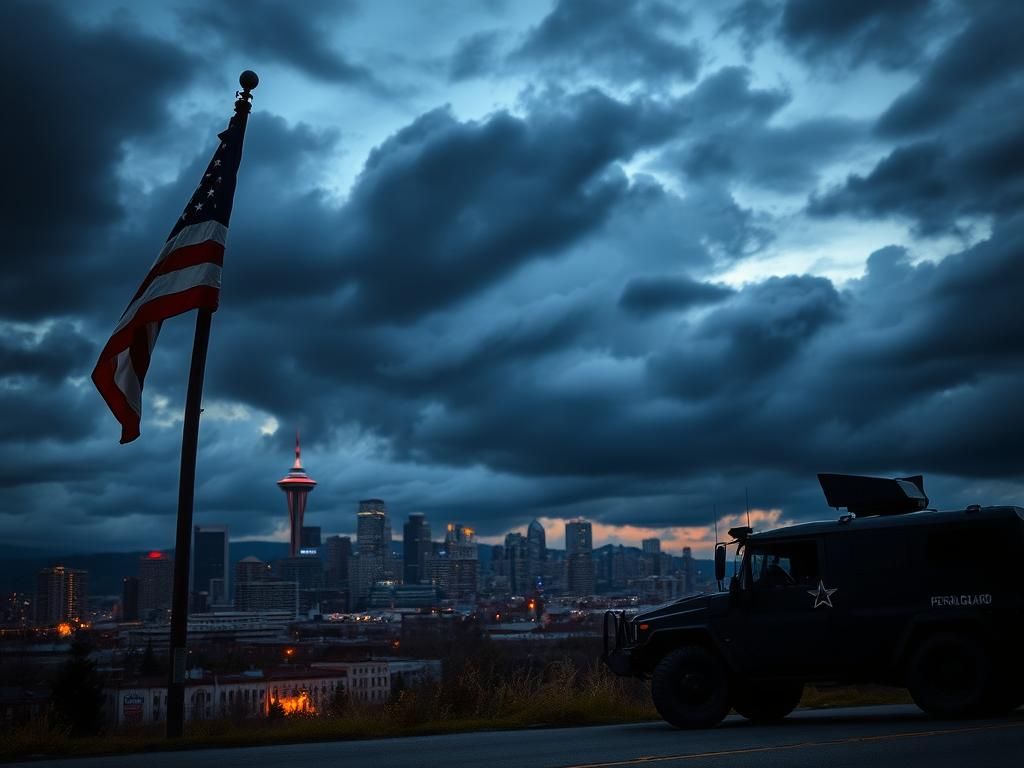 Flick International Dramatic Portland city skyline at dusk with storm clouds overhead and a twisted American flag fluttering.