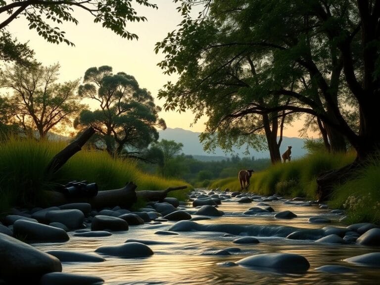 Flick International Serene natural landscape at dusk with a lush green forest symbolizing Jane Goodall's connection to wildlife