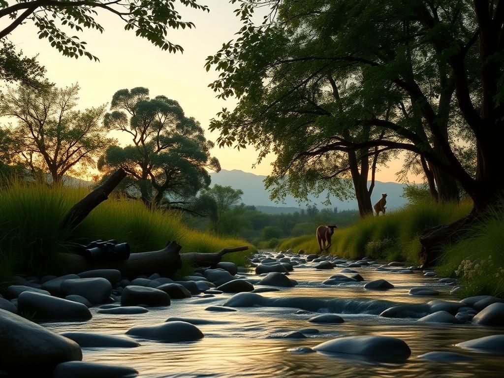 Flick International Serene natural landscape at dusk with a lush green forest symbolizing Jane Goodall's connection to wildlife