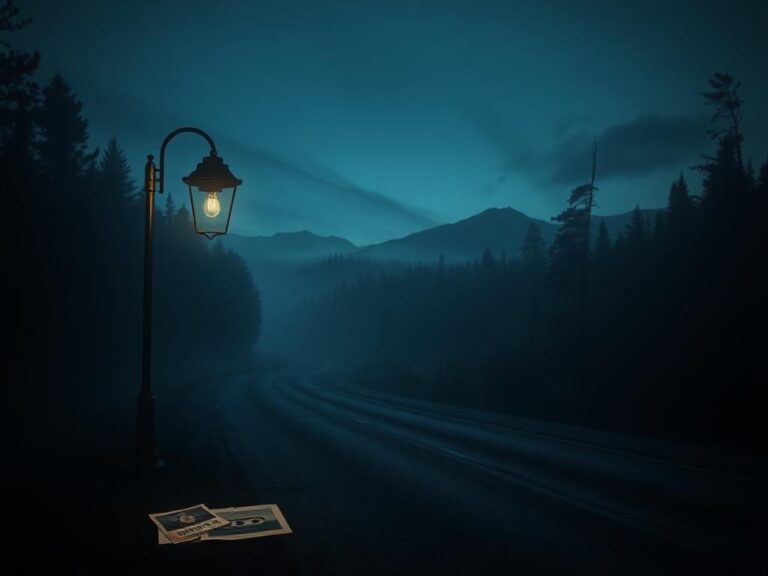 Flick International Foggy deserted road with vintage street lamp and evidence scattered around