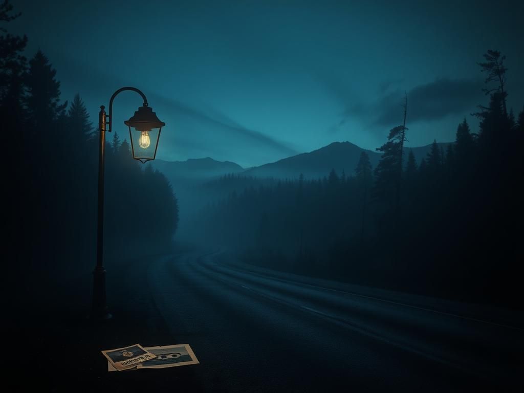 Flick International Foggy deserted road with vintage street lamp and evidence scattered around