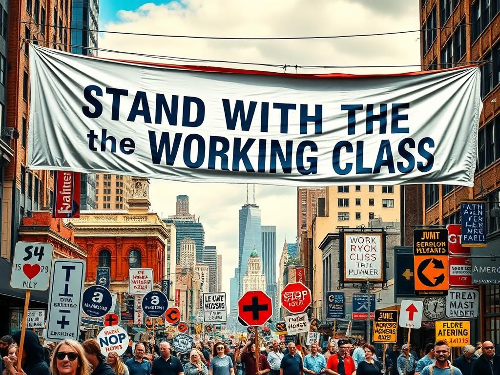 Flick International Bustling urban landscape with a banner reading 'Stand with the Working Class'