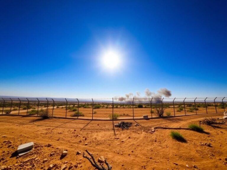Flick International Panoramic view of the border between Israel and Gaza with a razor-wire fence and signs of destruction in the foreground.
