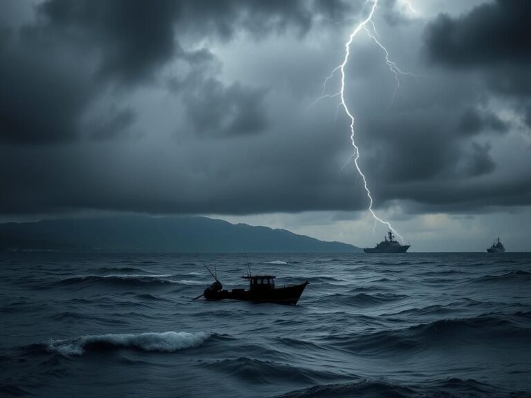 Flick International Stormy Caribbean seascape with dark clouds and silhouetted fishing boat