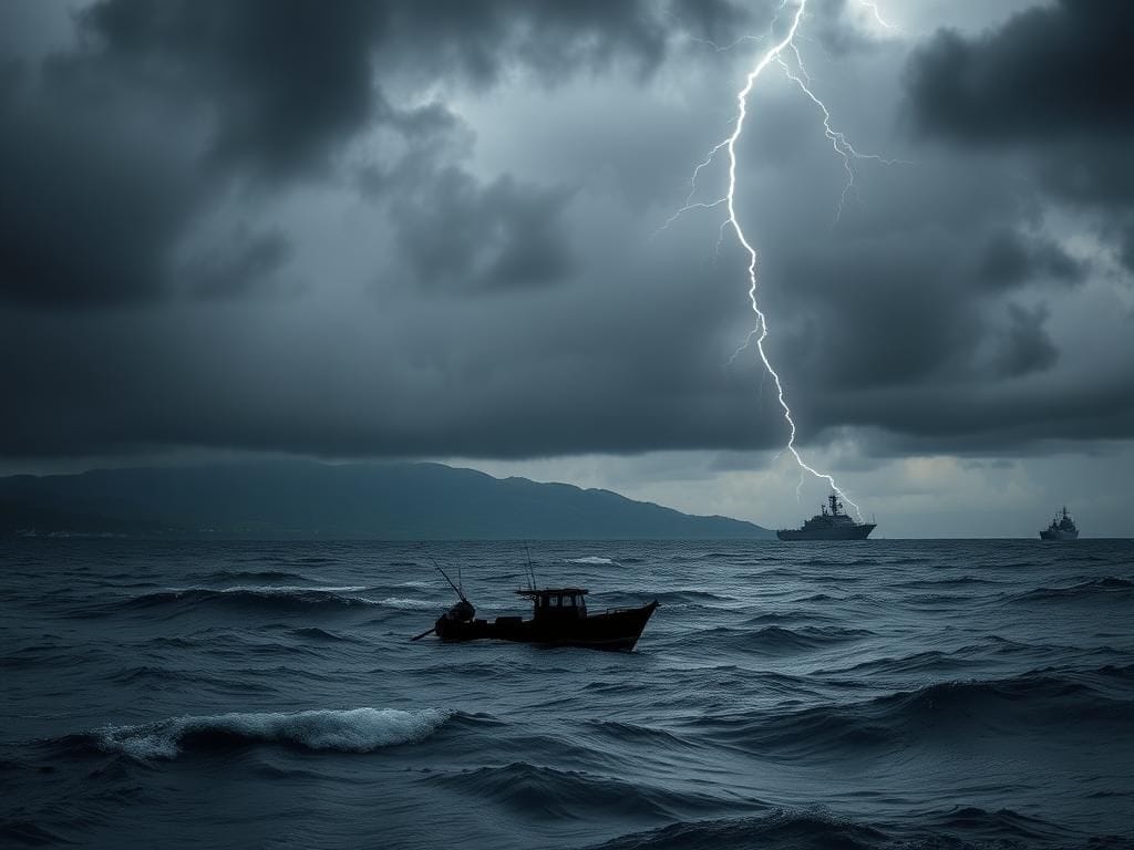 Flick International Stormy Caribbean seascape with dark clouds and silhouetted fishing boat