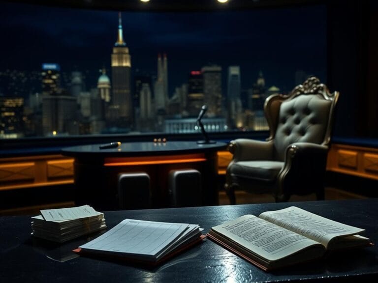 Flick International Dimly lit late-night talk show set with an empty desk and city skyline backdrop