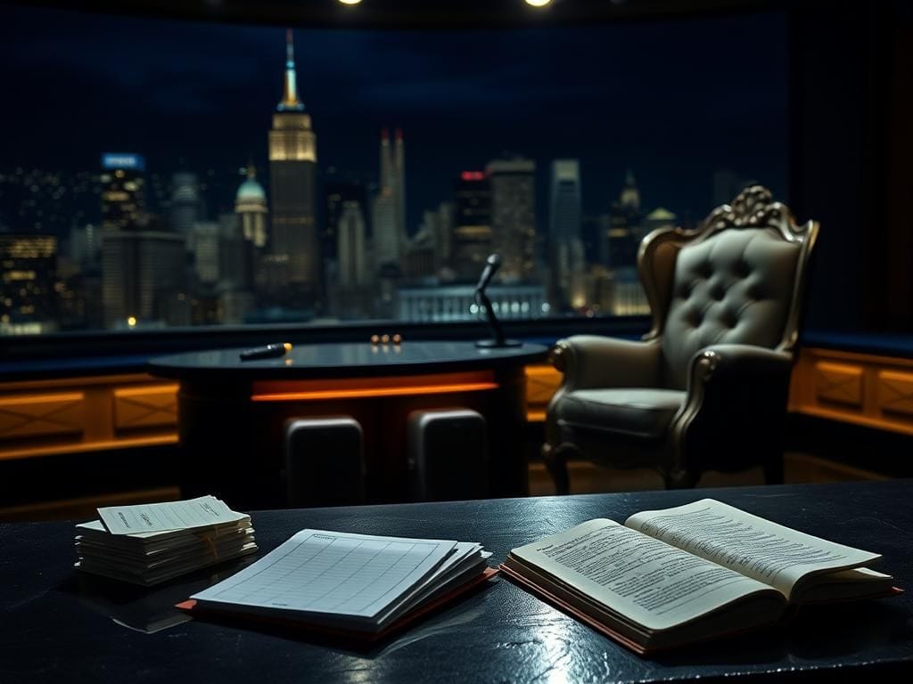 Flick International Dimly lit late-night talk show set with an empty desk and city skyline backdrop