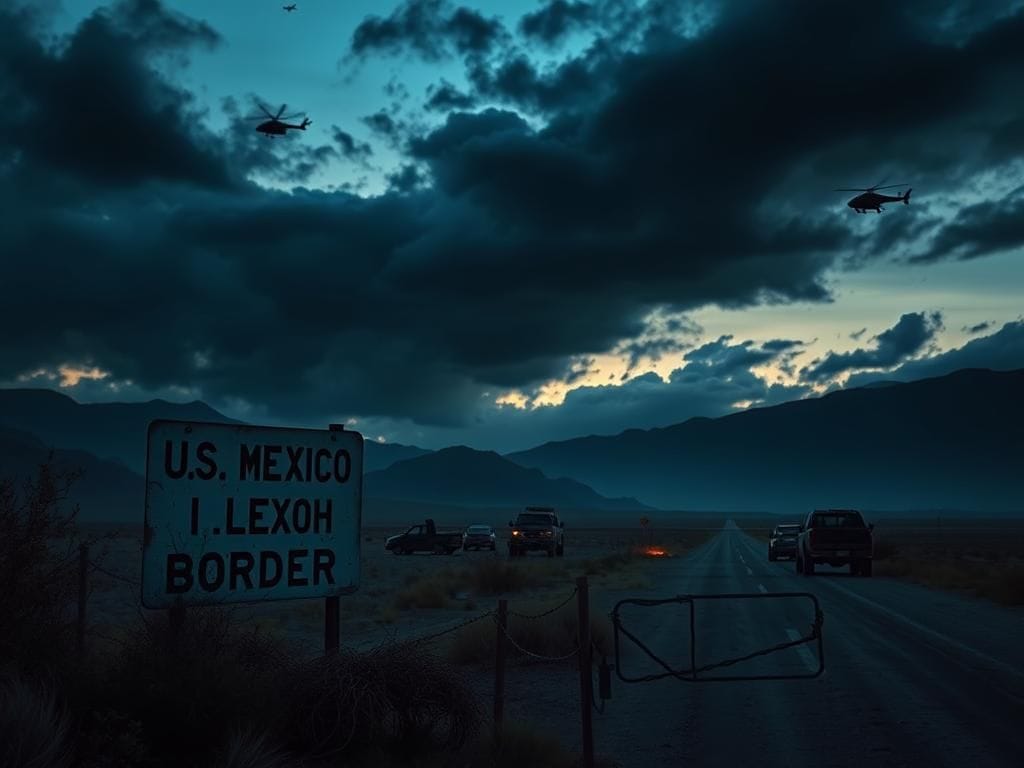Flick International An abandoned U.S.-Mexico border checkpoint sign overgrown with weeds at dusk, symbolizing the conflict with drug cartels.