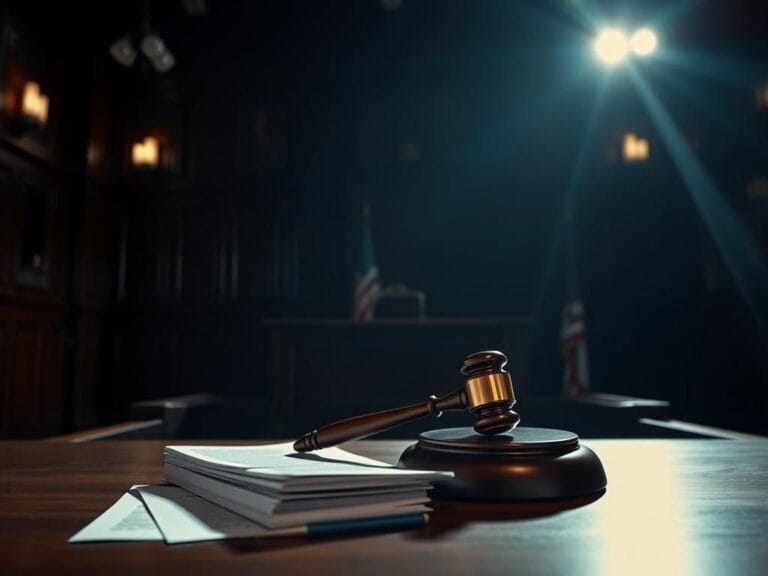Flick International Dramatic courtroom scene with empty judge's bench and gavel, symbolizing justice