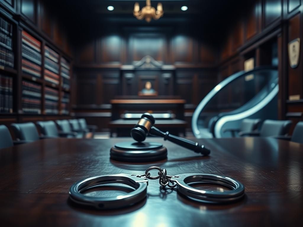 Flick International Dimly lit courtroom with abandoned handcuffs symbolizing legal turmoil