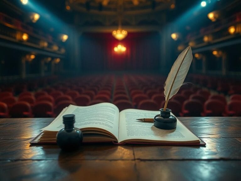 Flick International Vintage movie script on a wooden table with a quill and inkpot, evoking Hollywood nostalgia