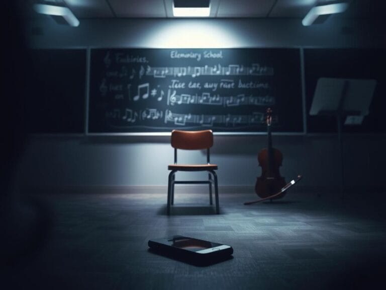 Flick International A dimly lit elementary school music room with an abandoned chair and a glowing smartphone on the floor