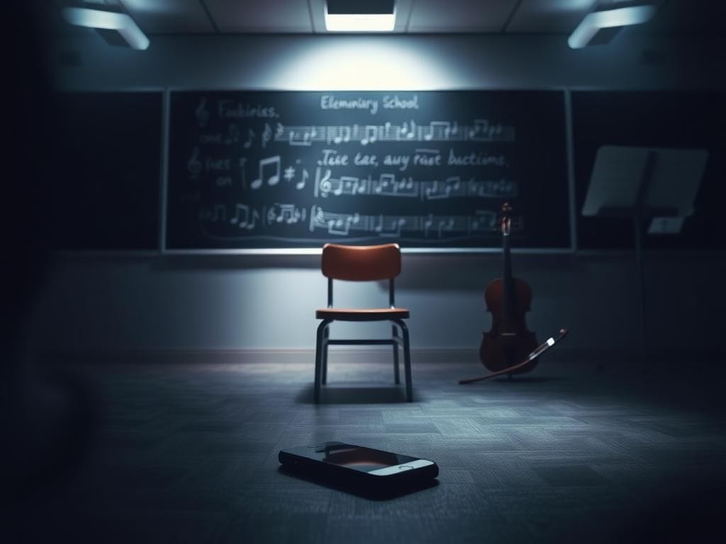 Flick International A dimly lit elementary school music room with an abandoned chair and a glowing smartphone on the floor