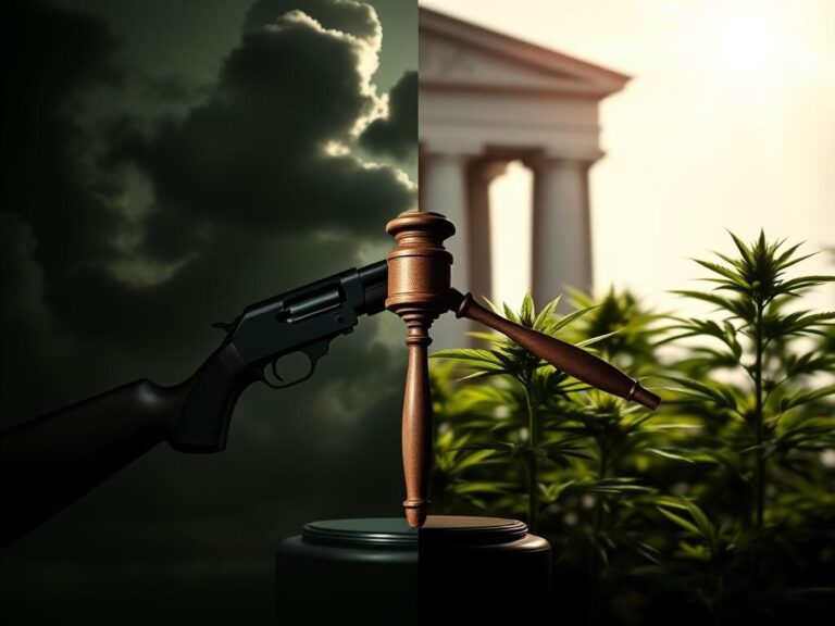 Flick International Split image depicting a contrasting firearm silhouette and vibrant marijuana plant.