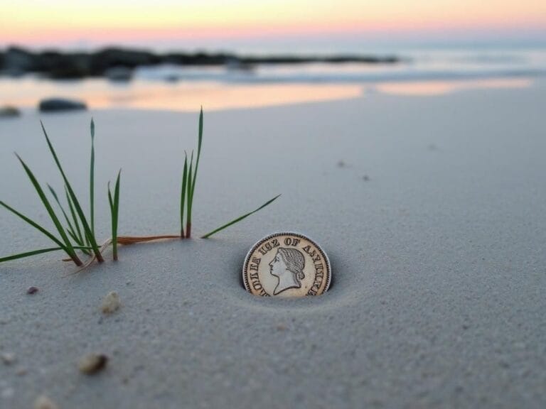 Flick International A shining 1782 Spanish one-reale coin partially buried in the sand on a Nantucket beach at sunrise