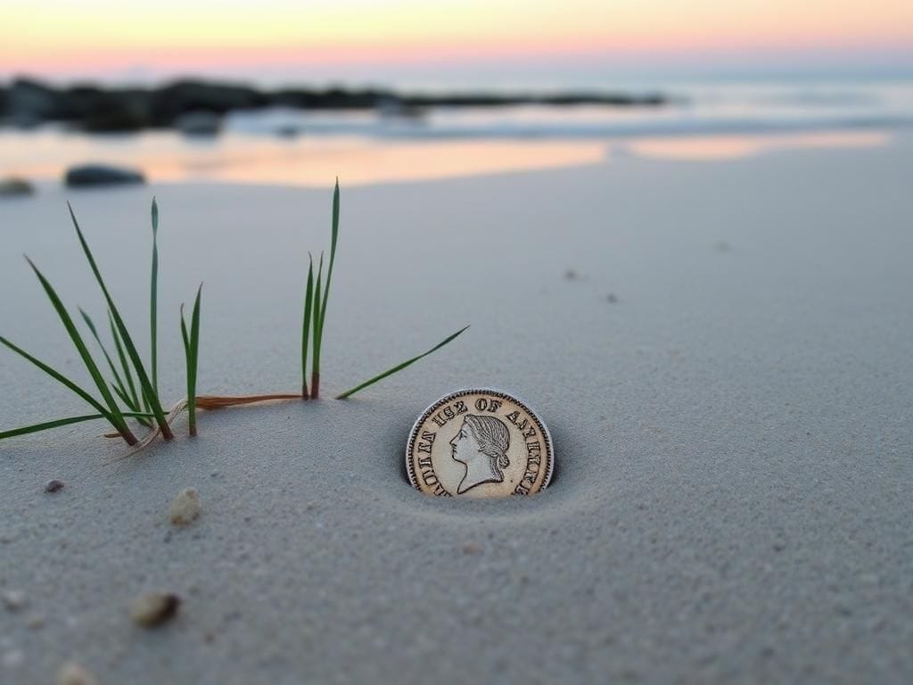 Flick International A shining 1782 Spanish one-reale coin partially buried in the sand on a Nantucket beach at sunrise
