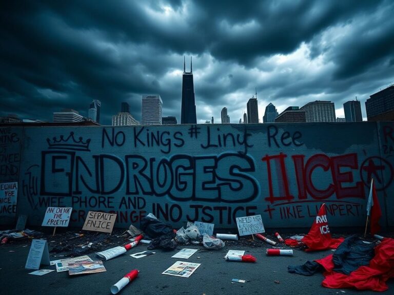 Flick International Dramatic urban scene of a dark Chicago skyline with graffiti-covered wall symbolizing protests against ICE.