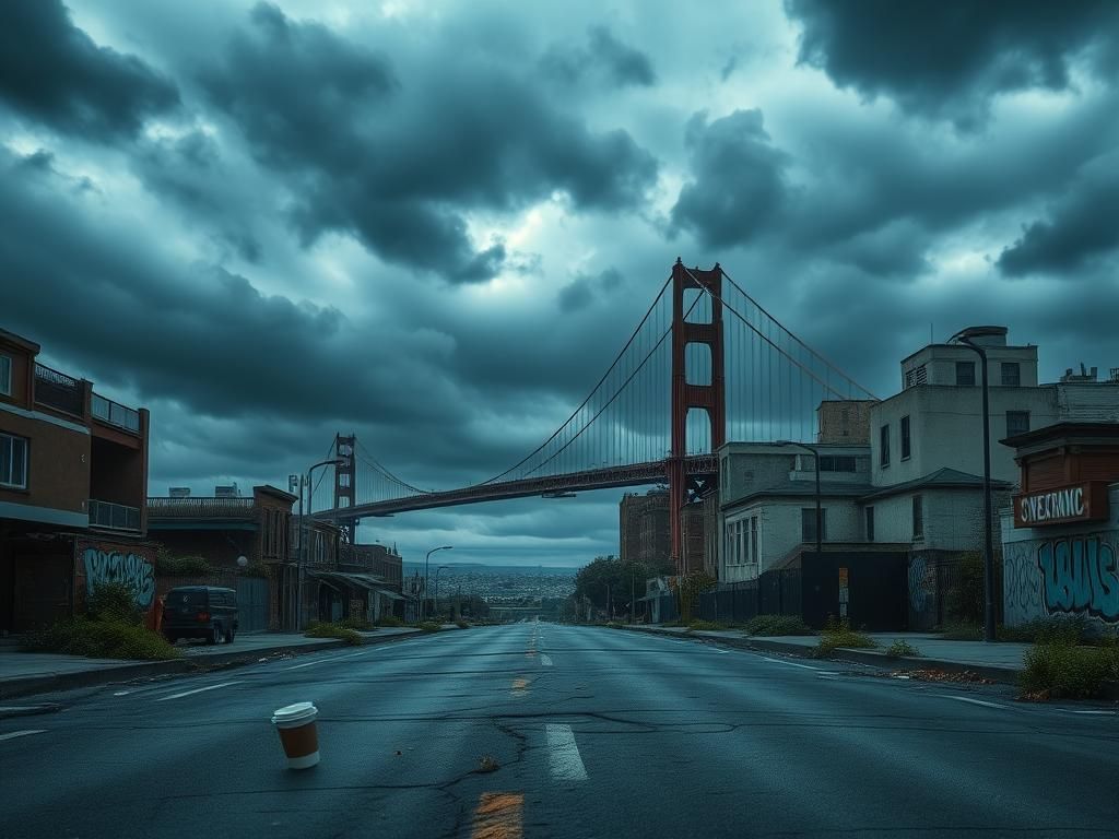 Flick International Dramatic urban landscape of San Francisco featuring the Golden Gate Bridge under a moody sky