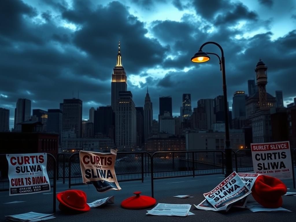Flick International Dramatic New York City skyline at dusk with campaign posters
