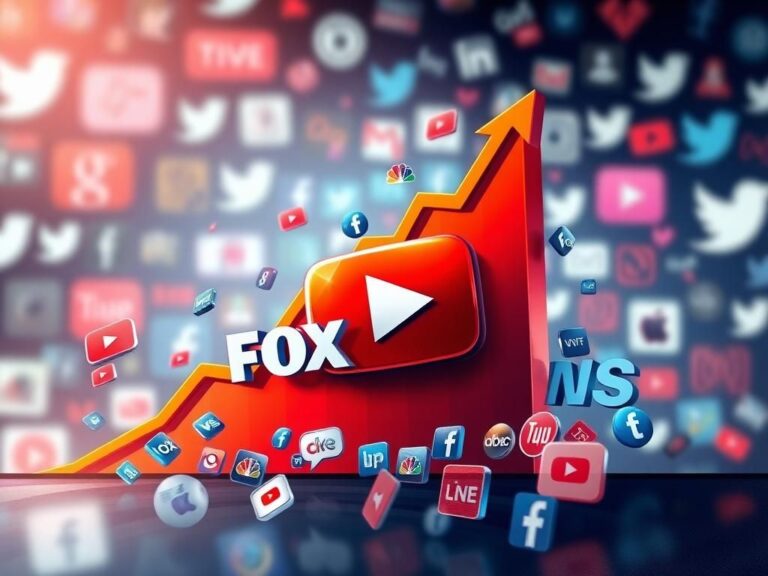 Flick International Digital illustration showcasing the competitive landscape of news media with a bold YouTube play button and graphs representing FOX News's video view dominance.