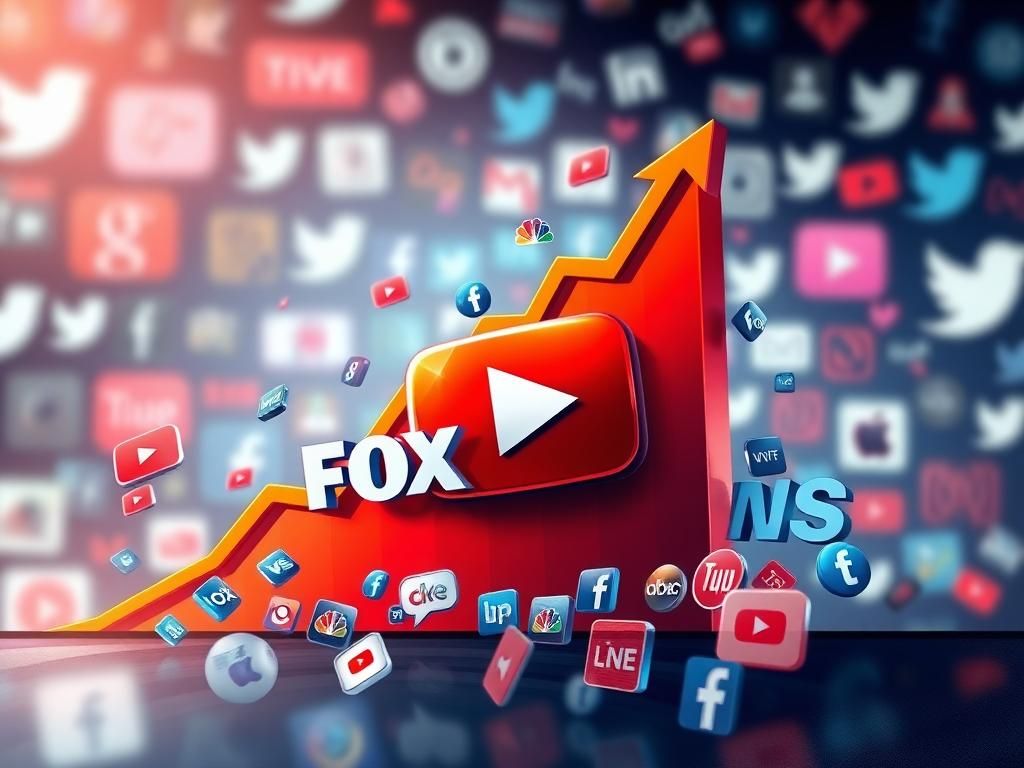 Flick International Digital illustration showcasing the competitive landscape of news media with a bold YouTube play button and graphs representing FOX News's video view dominance.