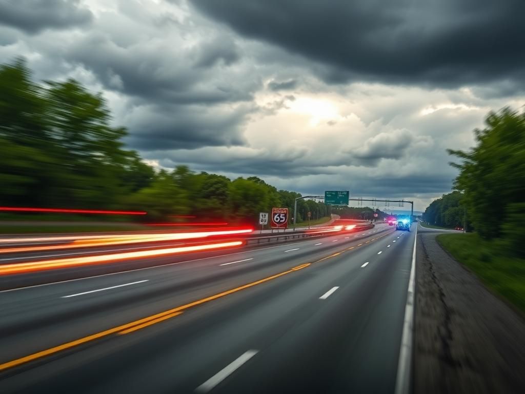 Flick International Blurred view of Interstate 65 with a high-speed car, symbolizing Kam Jones' reckless driving incident.