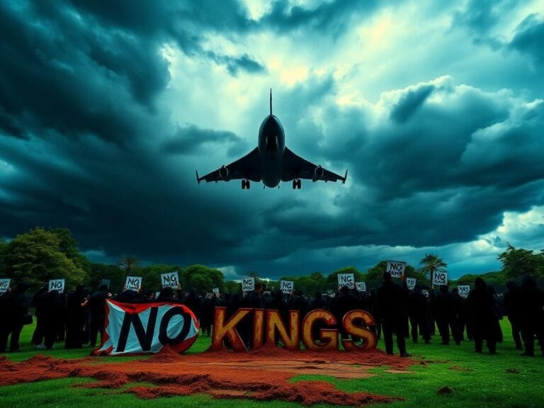 Flick International A surreal landscape with a military jet and 'No Kings' protesters beneath stormy skies