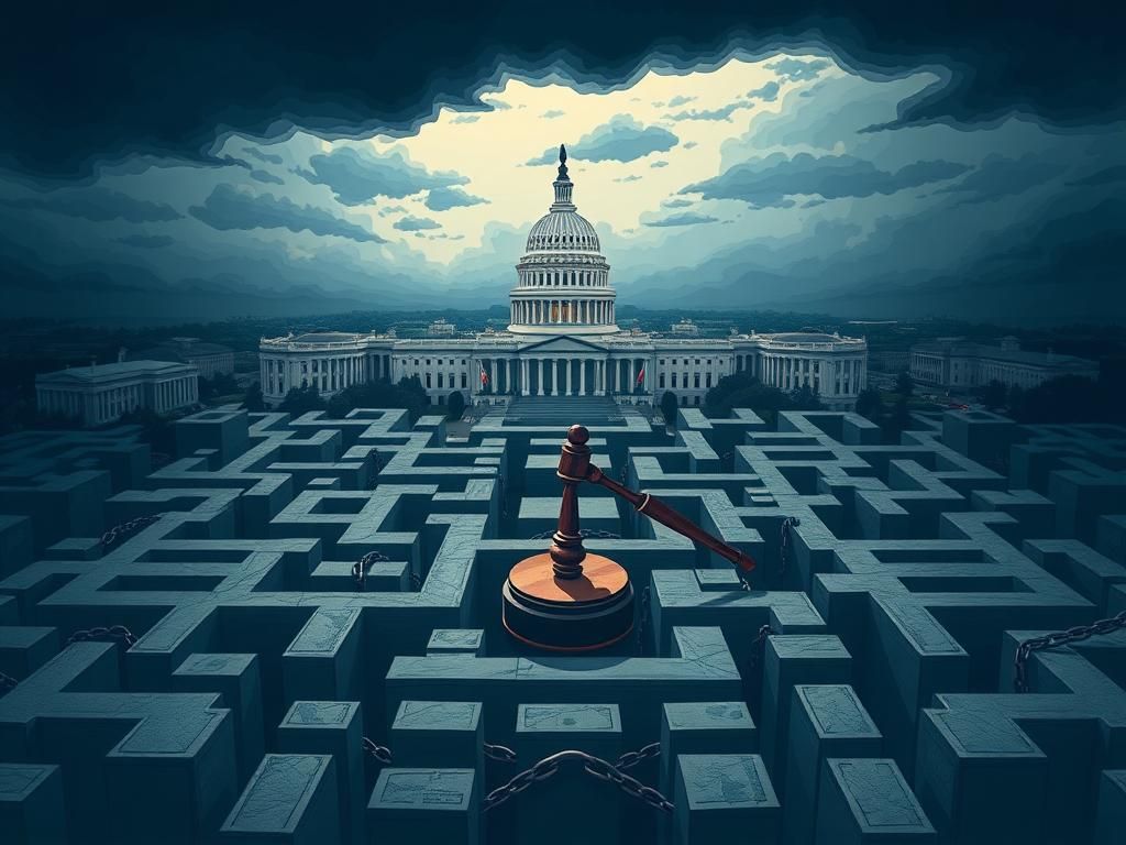 Flick International Conceptual illustration of an intricate maze made of government buildings symbolizing complexity and secrecy in governance