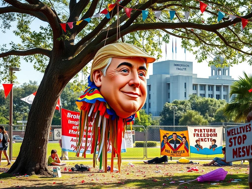 Flick International Colorful Trump piñata hanging from a tree branch during a protest