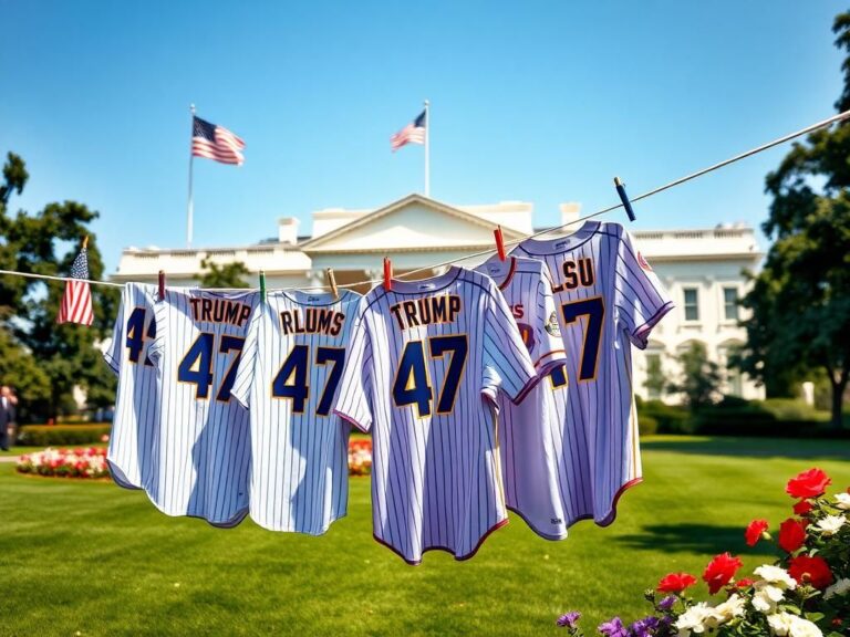 Flick International A vibrant baseball championship celebration scene at the White House with jerseys and American flags