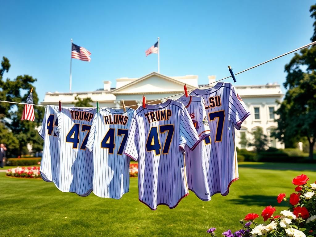 Flick International A vibrant baseball championship celebration scene at the White House with jerseys and American flags