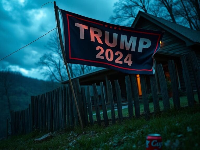 Flick International Torn Trump 2024 banner fluttering over a wooden fence in Nantahala Gorge, NC
