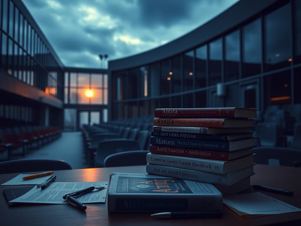 Flick International A somber university campus scene depicting empty lecture halls and scattered history books symbolizing academic freedom and external threats.