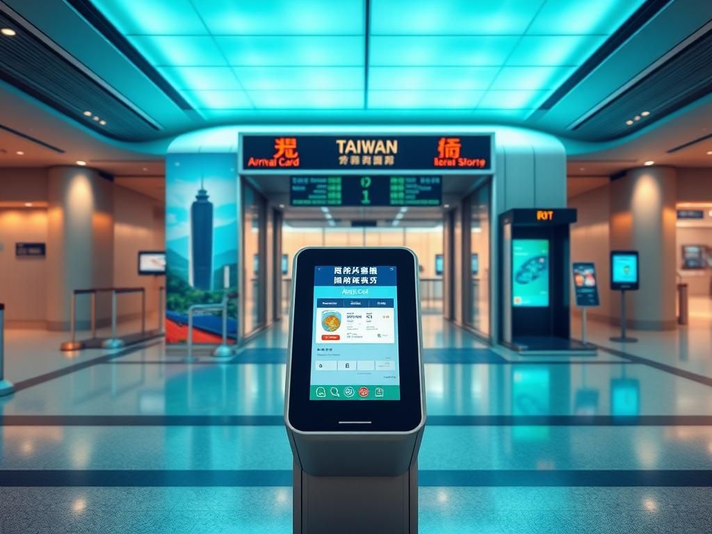 Flick International Modern digital kiosk at Taiwan airport border control displaying Digital Arrival Card interface