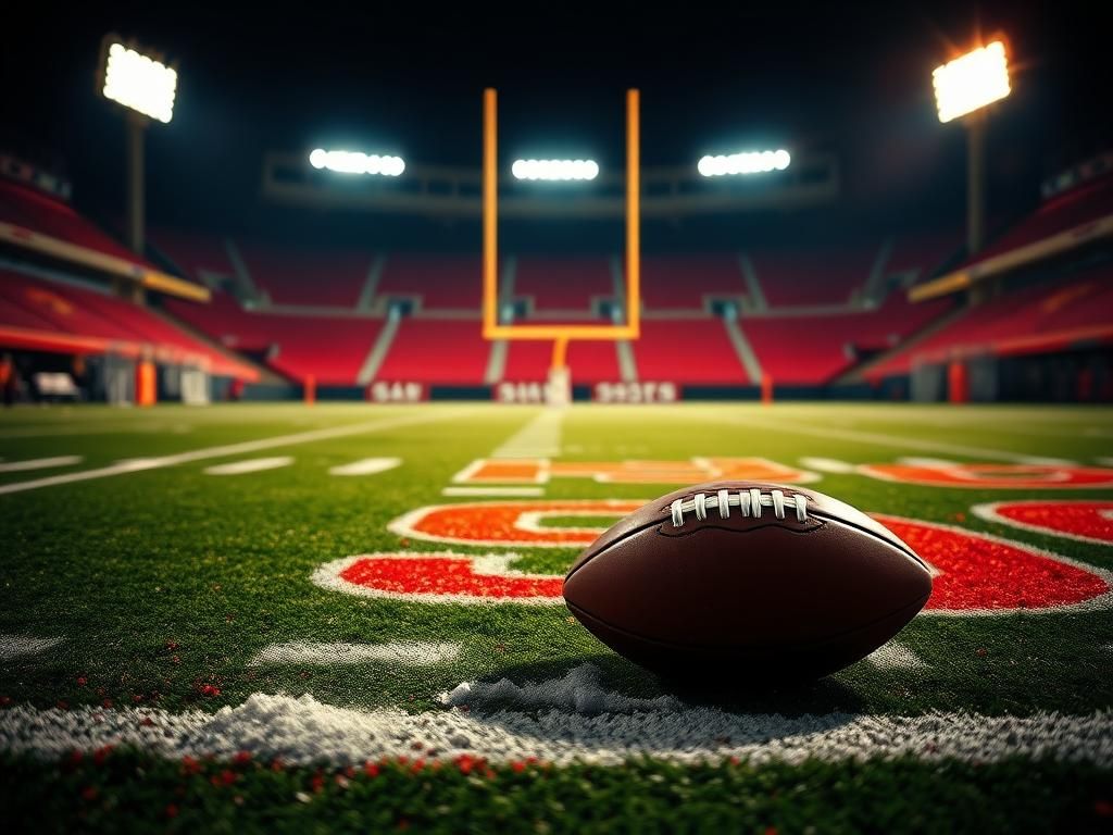 Flick International A close-up of the vibrant end zone in red and gold during a crucial NFL game.