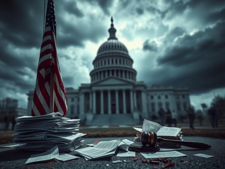 Flick International Dramatic depiction of the U.S. Capitol surrounded by stormy clouds and a tattered American flag.